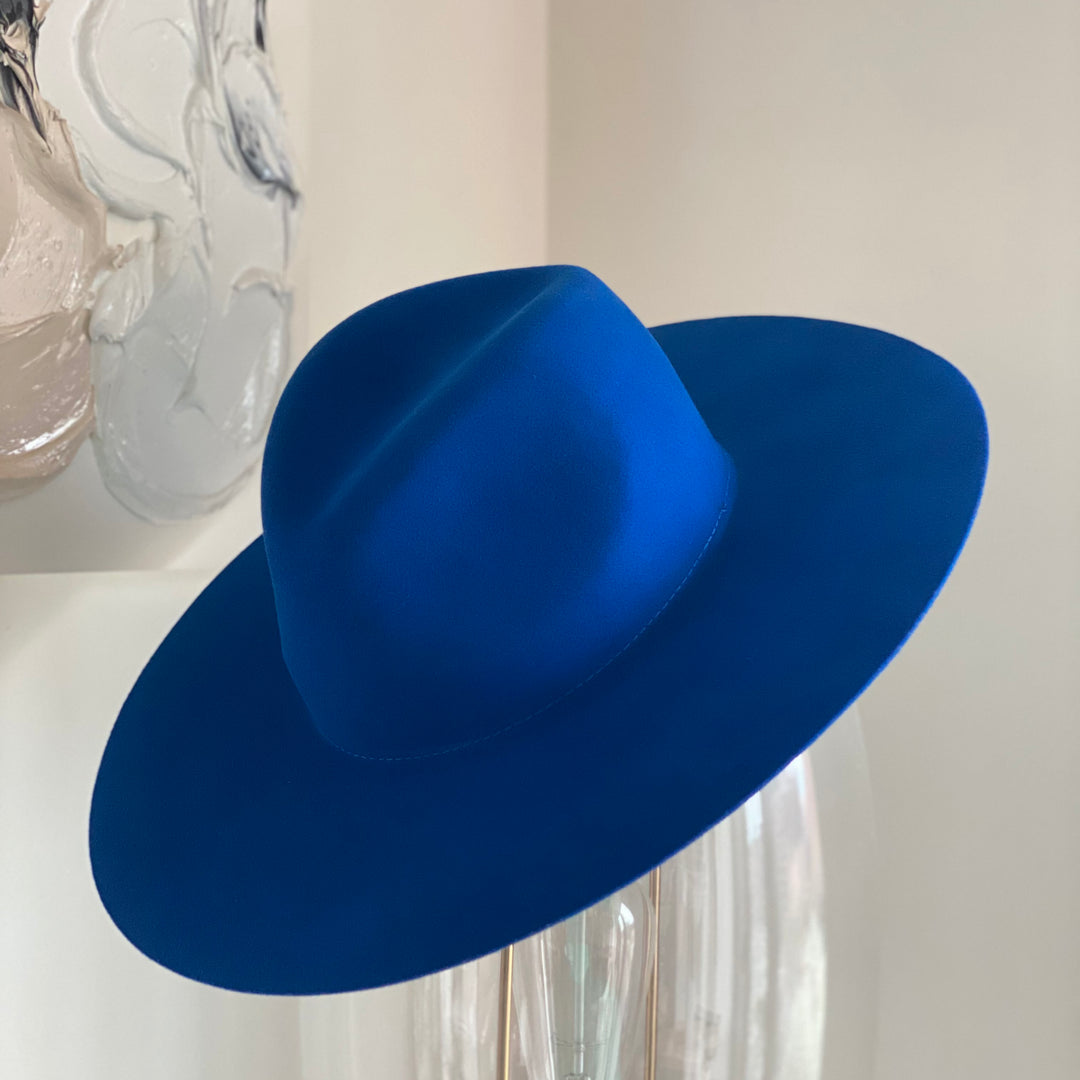 Khia Tullae Haddie fedora in imperial blue, 100% wool, angled view