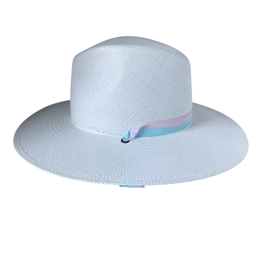 Khia Tullae Toquilla Straw Panama with Silk Ribbon Half Band - Pastel Blue and Pink