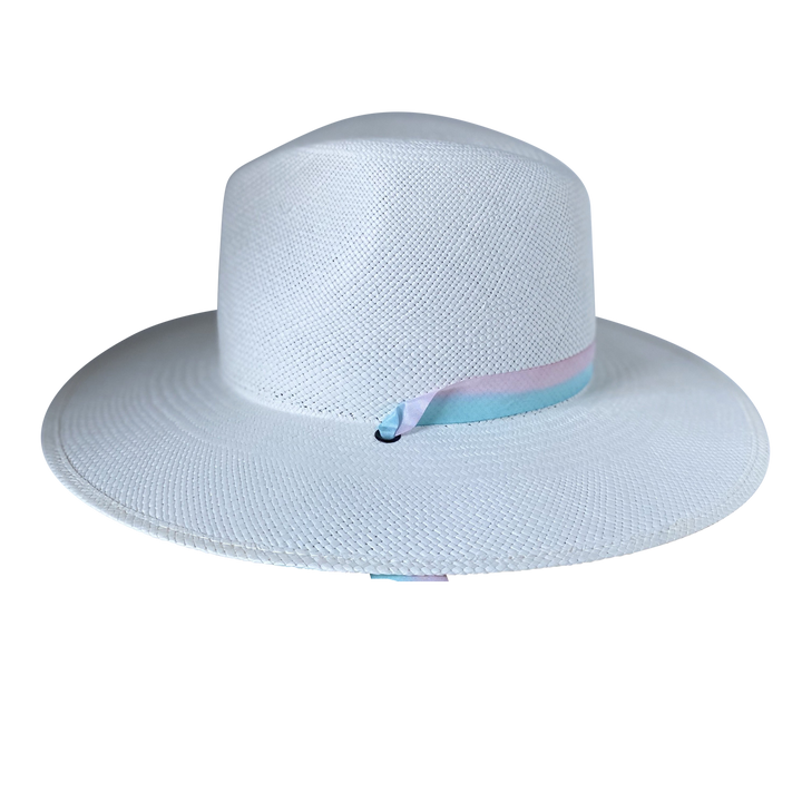 Khia Tullae Toquilla Straw Panama with Silk Ribbon Half Band - Pastel Blue and Pink