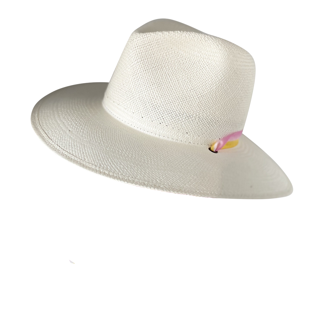 The Bailey Half Band - Khia Tullae Toquilla Straw Panama with Silk Ribbon Half Band - Pastel Pink and Yellow