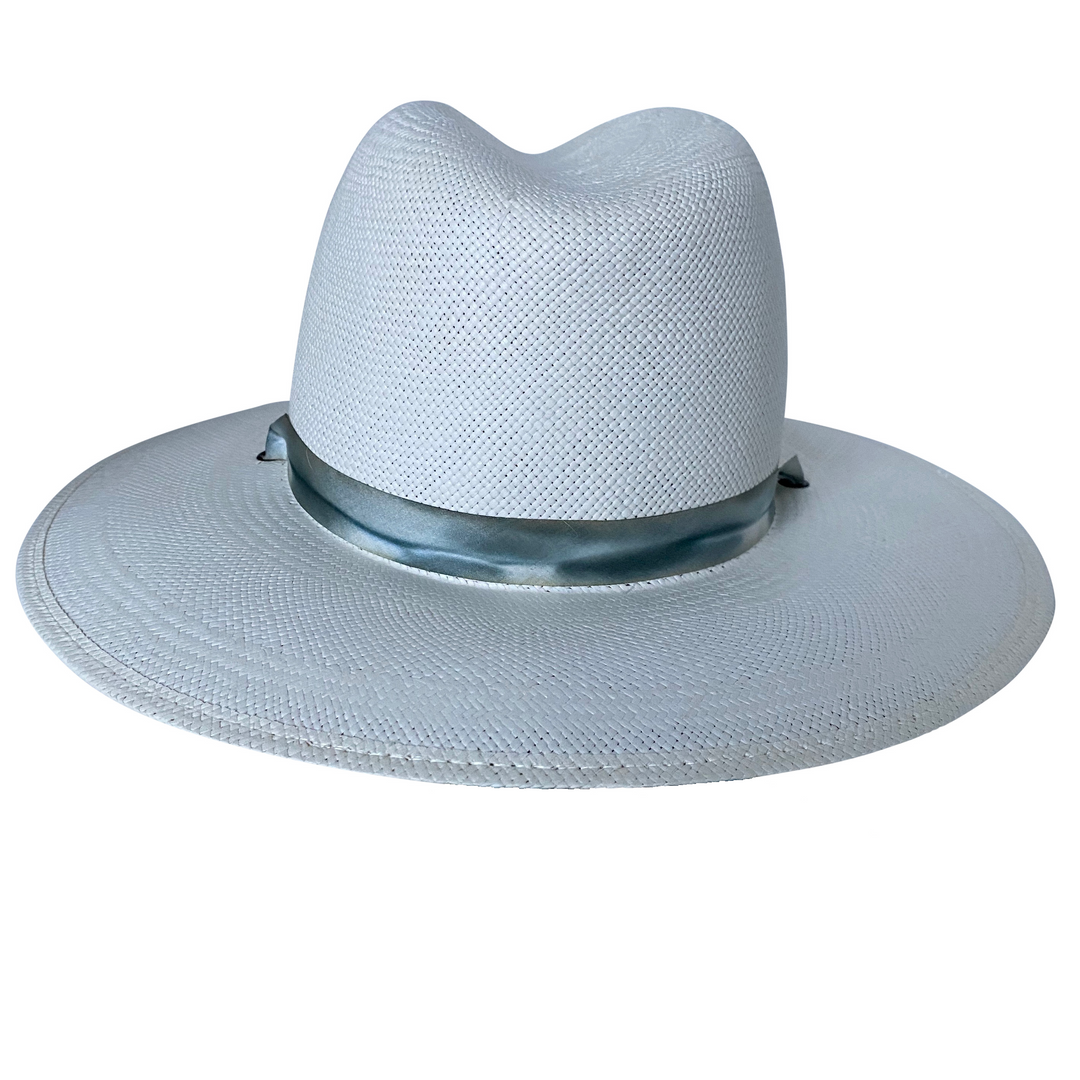 The Bexley Half Band - Khia Tullae Toquilla Straw Panama with Silk Ribbon Half Band - Blue and Grey