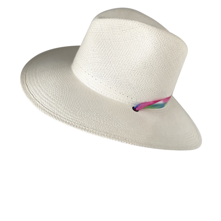 The Maya Half Band - Khia Tullae Toquilla Straw Panama with Silk Ribbon Half Band - Magenta, Blue and Green