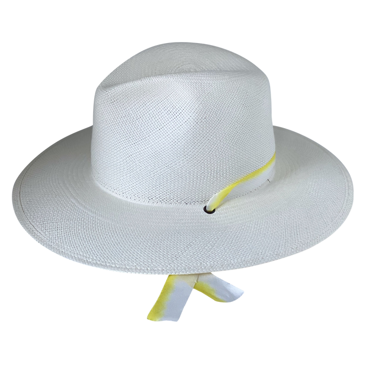 The Siena white toquilla straw wide-brim hat with yellow and white silk drop-down ribbon, right-side product cutout