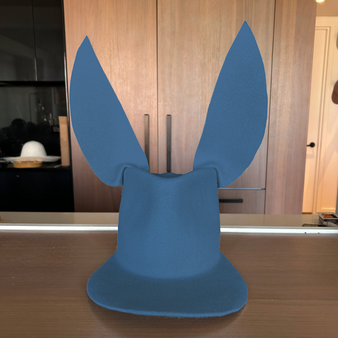 Khia Tullae Astro Bunny Lid hat in slate blue felt, front view