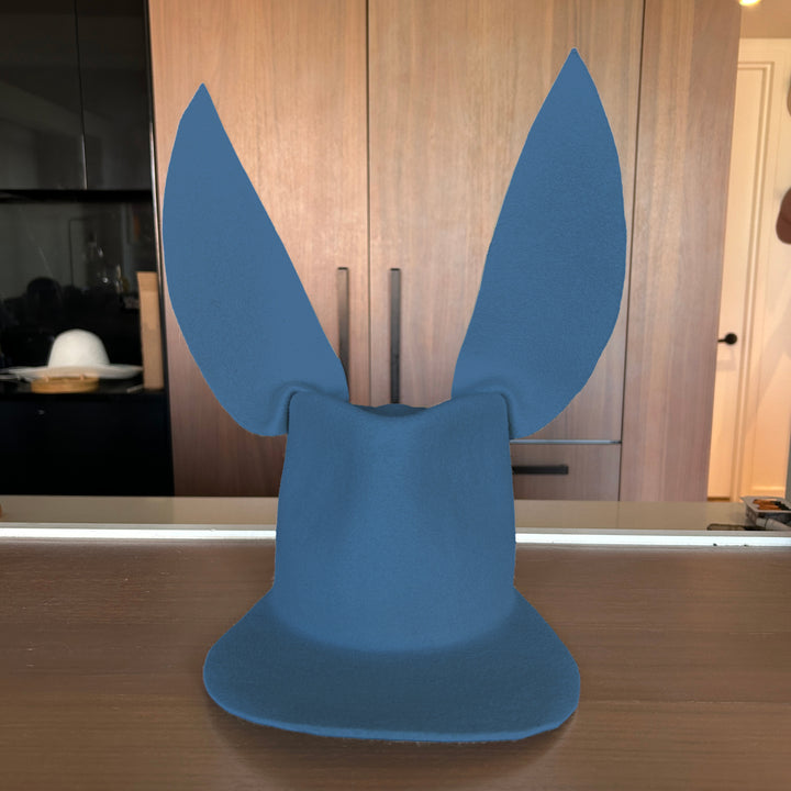 Khia Tullae Astro Bunny Lid hat in slate blue felt, front view