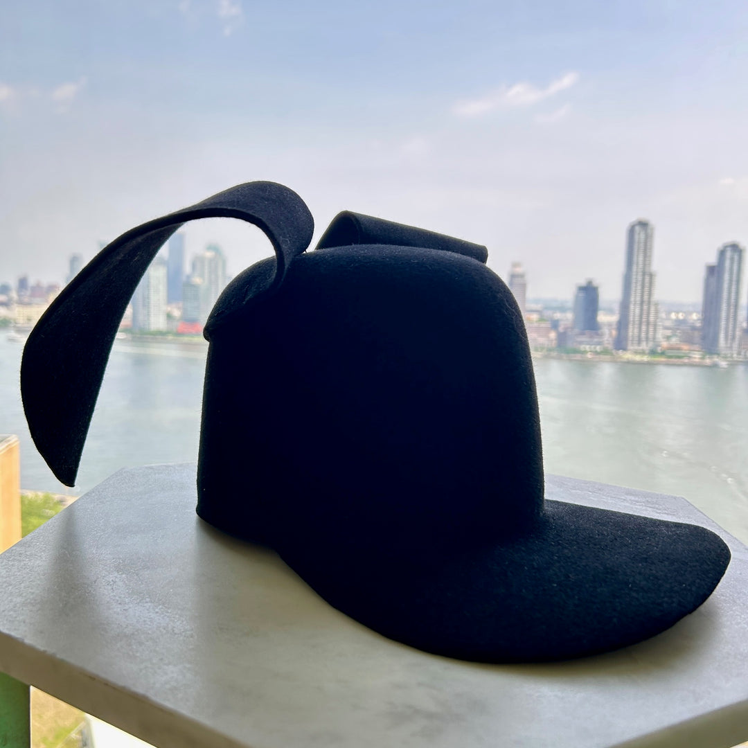 Khia Tullae Cascade Bunny Lid hat in black felt, front view