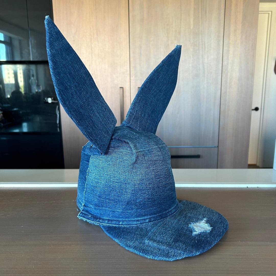 Khia Tullae Dark Denim Bunny hat, Denim Creations Collection, lifestyle front  angled view