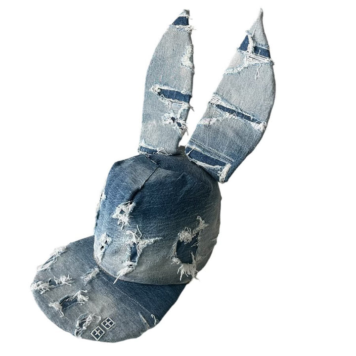 Khia Tullae Distressed Denim Bunny hat, Denim Creations Collection, angled view