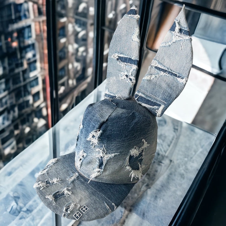 Khia Tullae Distressed Denim Bunny hat, Denim Creations Collection, lifestyle angled view