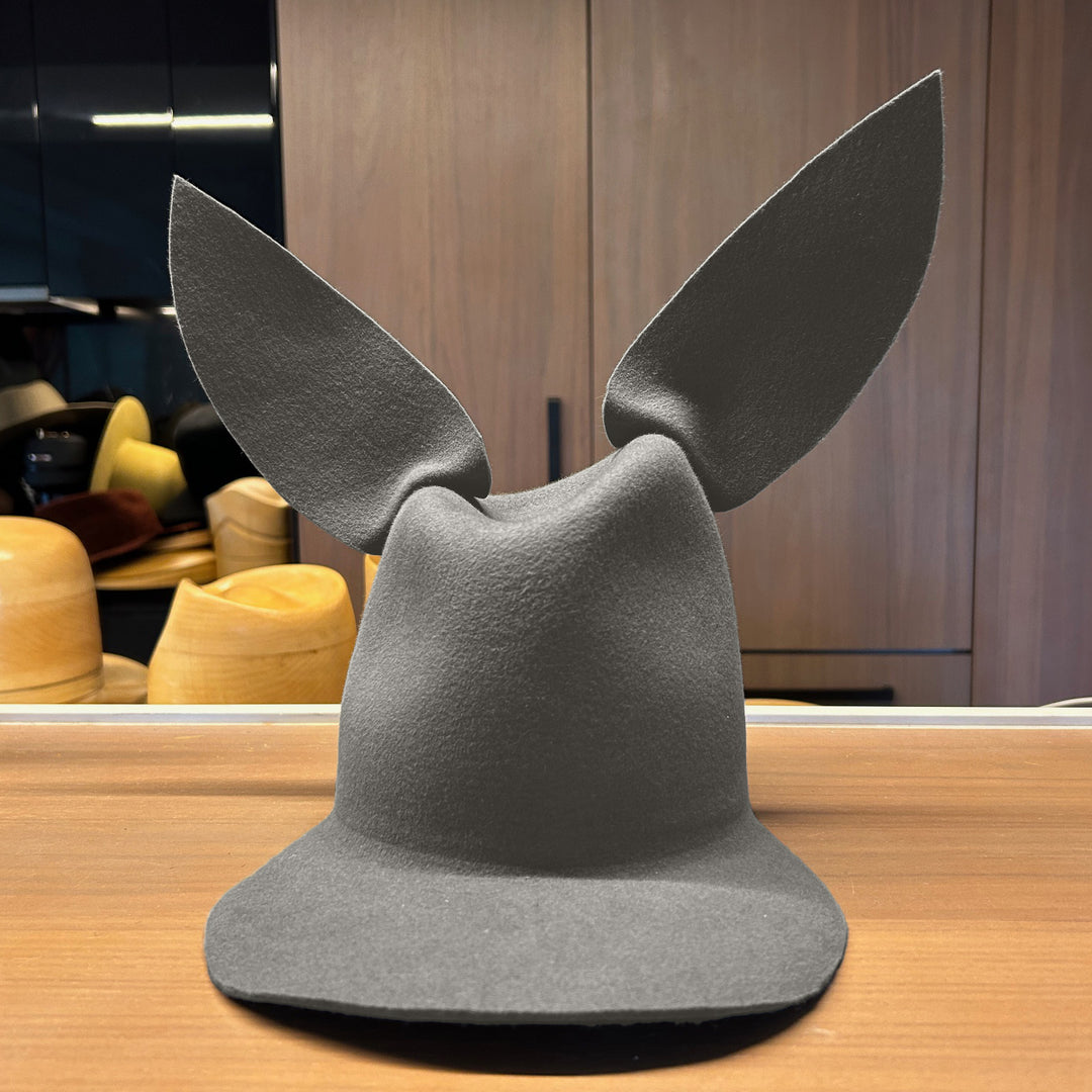 Khia Tullae High/Low Bunny hat in ash grey felt, front view