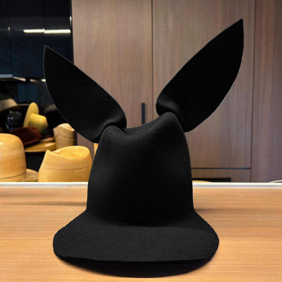 Khia Tullae High/Low Bunny hat in black felt, front view