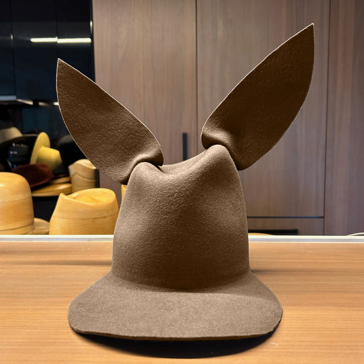 Khia Tullae High/Low Bunny hat in camel felt, front view