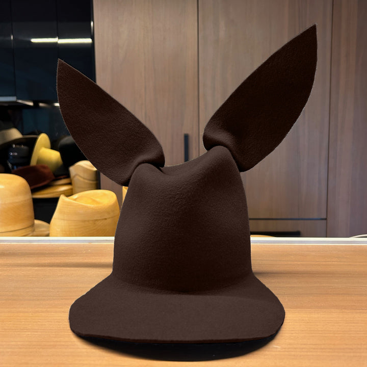 Khia Tullae High/Low Bunny hat in chocolate felt, front view