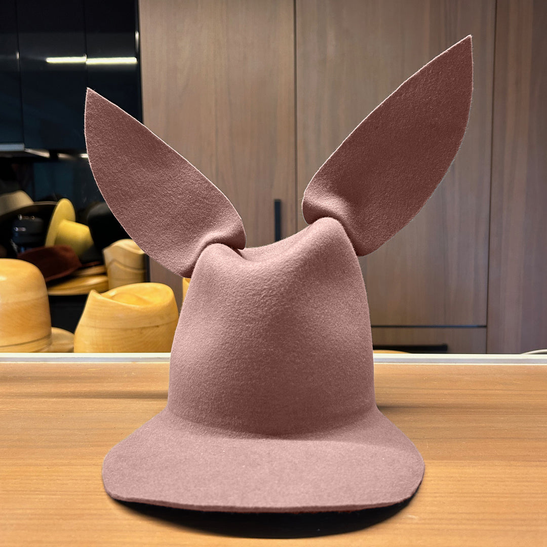 Khia Tullae High/Low Bunny hat in fawn felt, front view