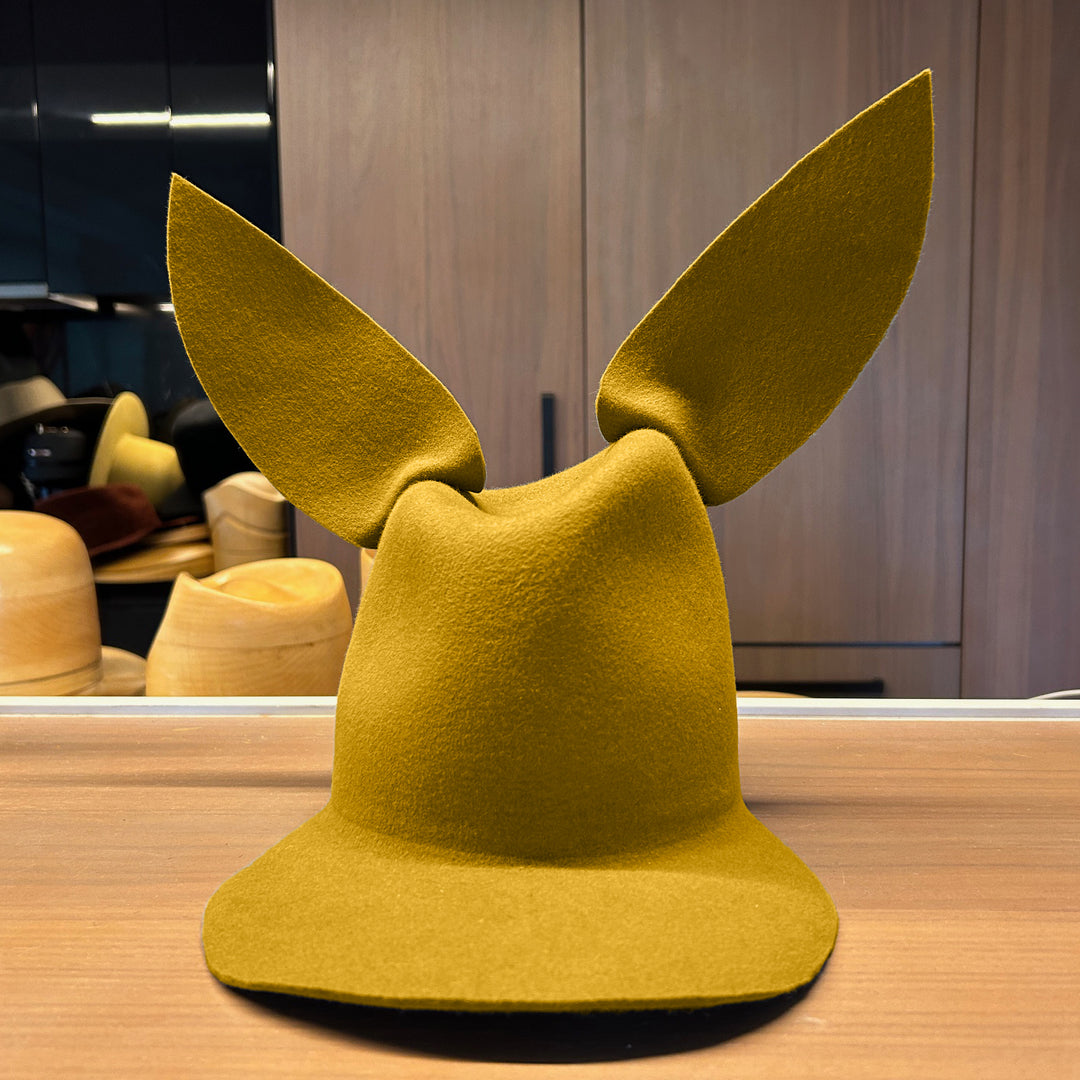 Khia Tullae High/Low Bunny hat in mustard felt, front view