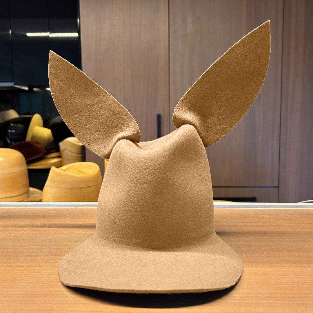 Khia Tullae High/Low Bunny hat in nude felt, front view