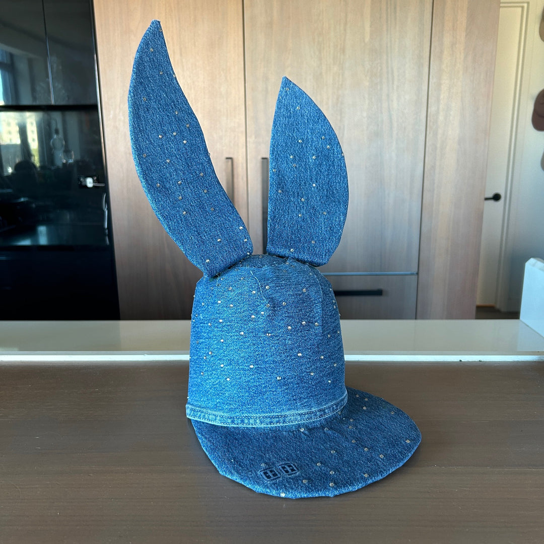 Khia Tullae Rhinestone Denim Bunny hat, Denim Creations Collection, lifestyle front angled right view