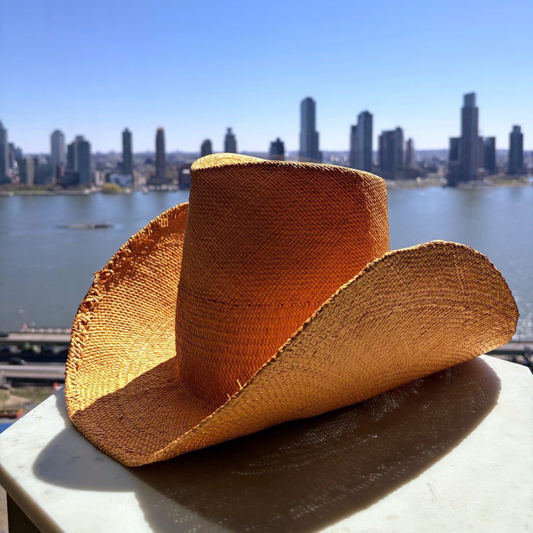 Khia Tullae Riviera Rodeo straw cowboy hat in caramel, side view left #color_caramel