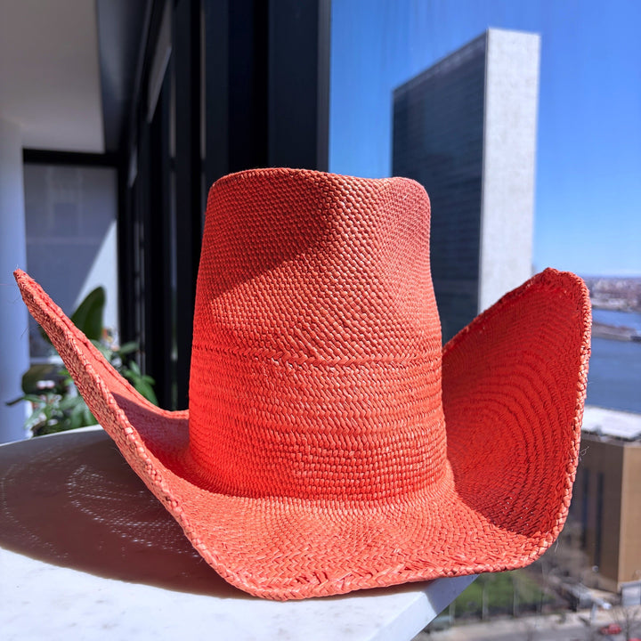 Khia Tullae Riviera Rodeo straw cowboy hat in coral, front view #color_coral