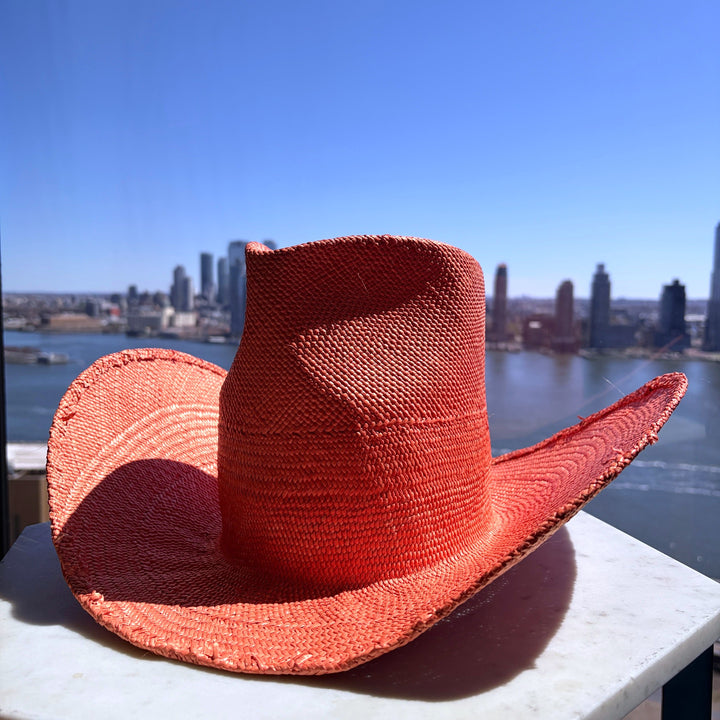 Khia Tullae Riviera Rodeo straw cowboy hat in coral, side view left #color_coral