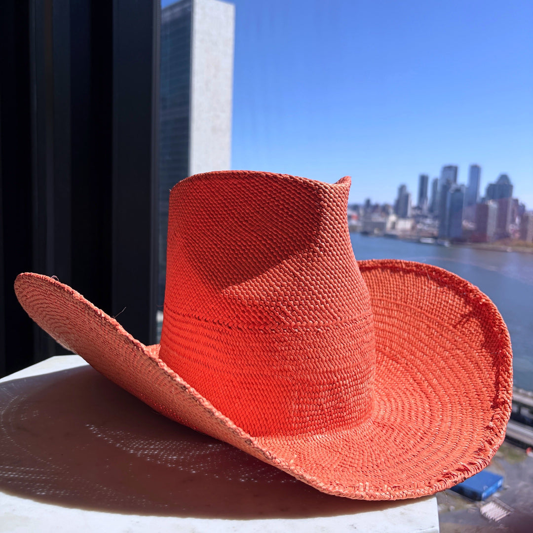 Khia Tullae Riviera Rodeo straw cowboy hat in coral, side view right #color_coral