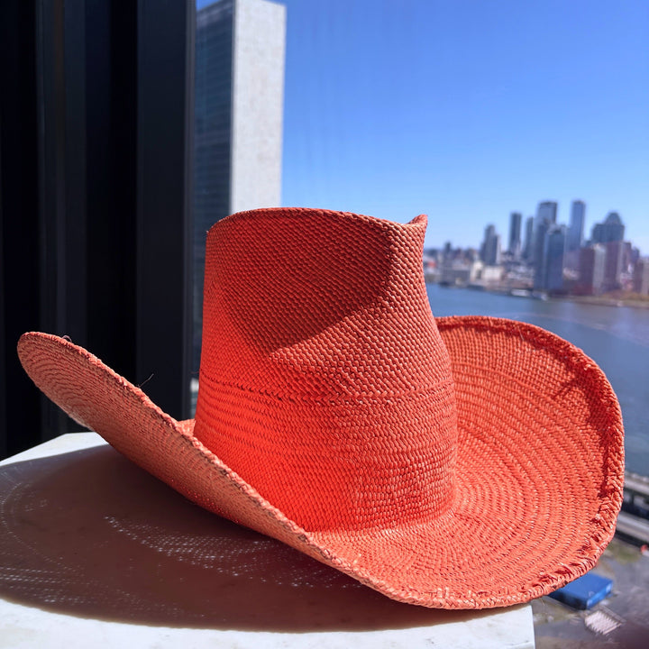 Khia Tullae Riviera Rodeo straw cowboy hat in coral, side view right #color_coral