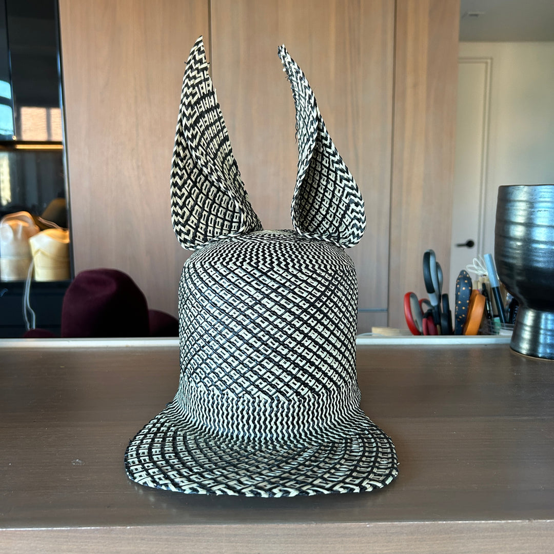 Khia Tullae Straw Bunny Lid toquilla straw bunny cap geometric black and natural weave - 6-inch crown