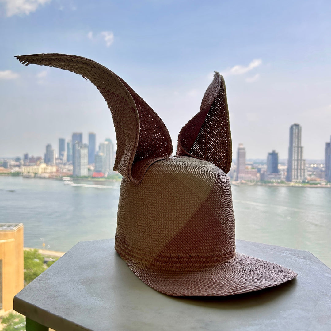 Khia Tullae Straw Bunny Lid toquilla straw bunny cap geometric natural and mauve - 6-inch crown
