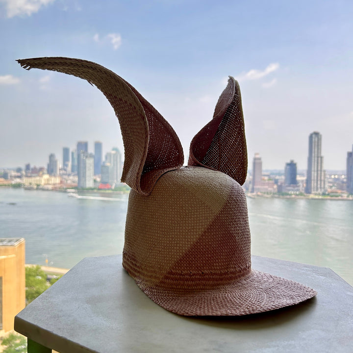 Khia Tullae Straw Bunny Lid toquilla straw bunny cap geometric natural and mauve - 6-inch crown