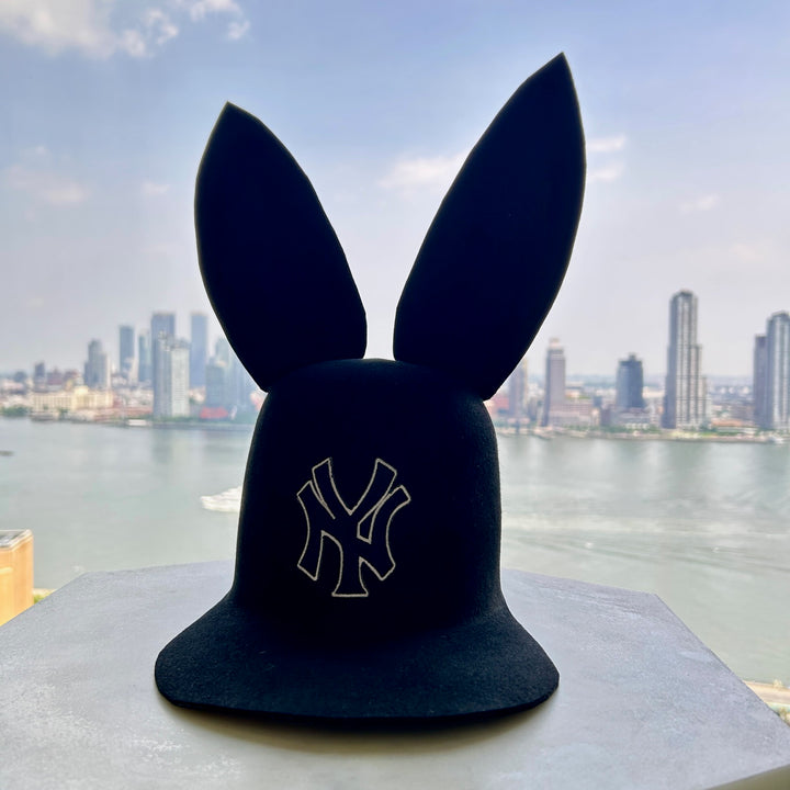 Khia Tullae The 212 Bunny Lid hat in black with New York logo patch felt, front view
