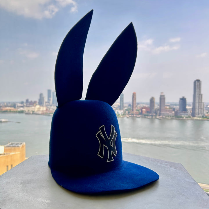 Khia Tullae The 212 Bunny Lid hat in navy with New York logo patch felt, front angled right view