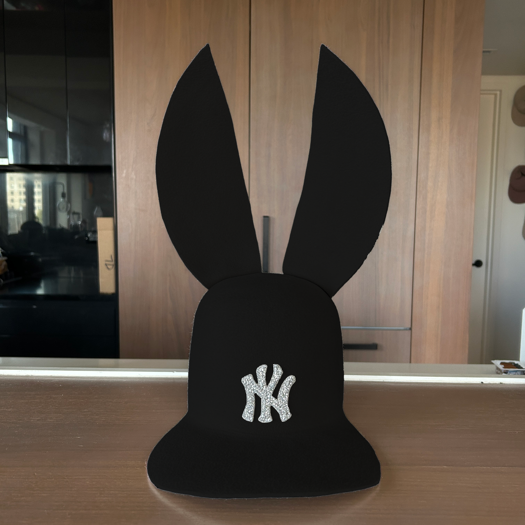 Khia Tullae The 212 Embellished Bunny Lid hat in black felt with NY patch embellished with rhinestones, front view