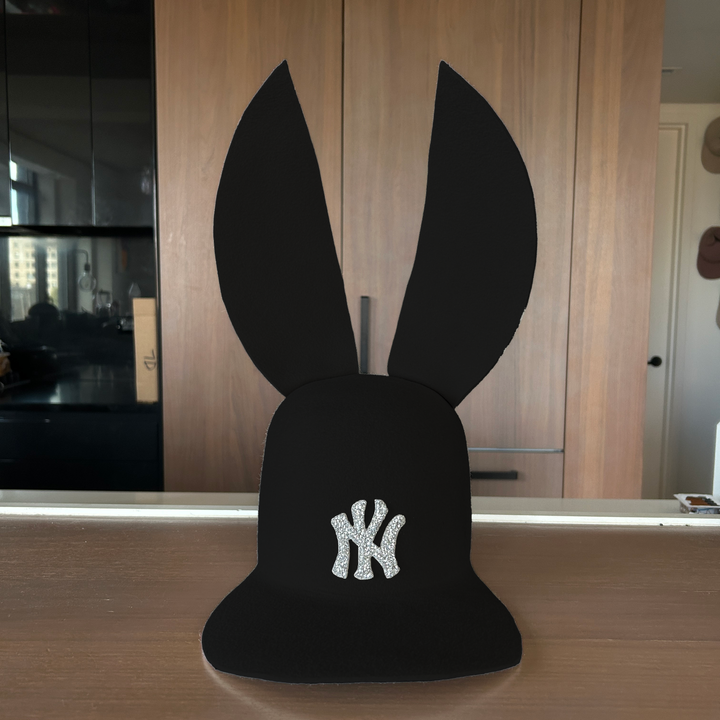 Khia Tullae The 212 Embellished Bunny Lid hat in black felt with NY patch embellished with rhinestones, front view