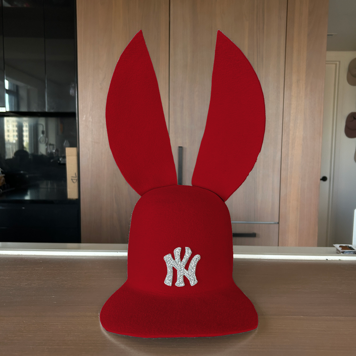 Khia Tullae The 212 Embellished Bunny Lid hat in cardinal felt with NY patch embellished with rhinestones, front view
