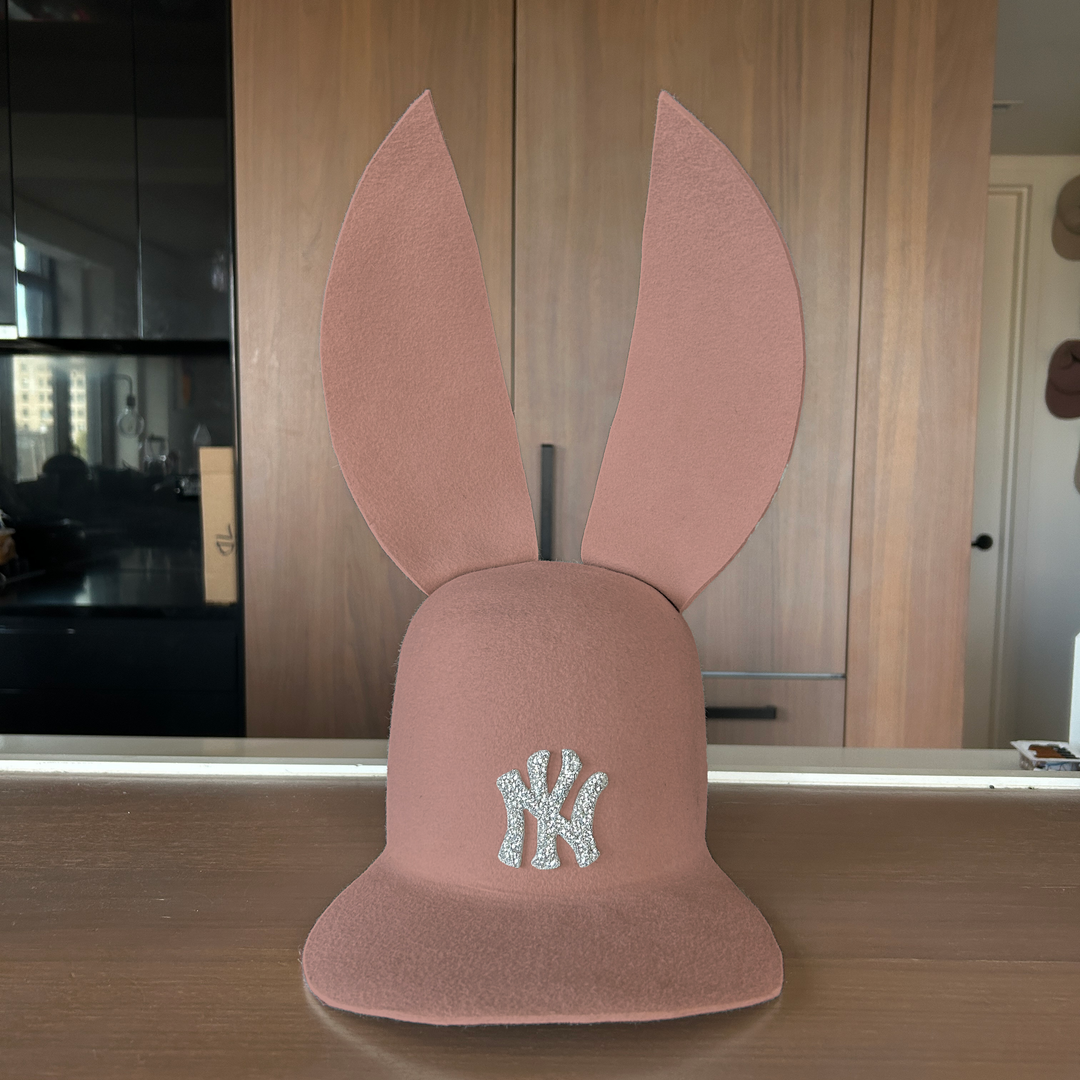 Khia Tullae The 212 Embellished Bunny Lid hat in fawn felt with NY patch embellished with rhinestones, front view