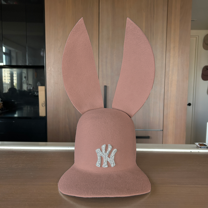 Khia Tullae The 212 Embellished Bunny Lid hat in fawn felt with NY patch embellished with rhinestones, front view