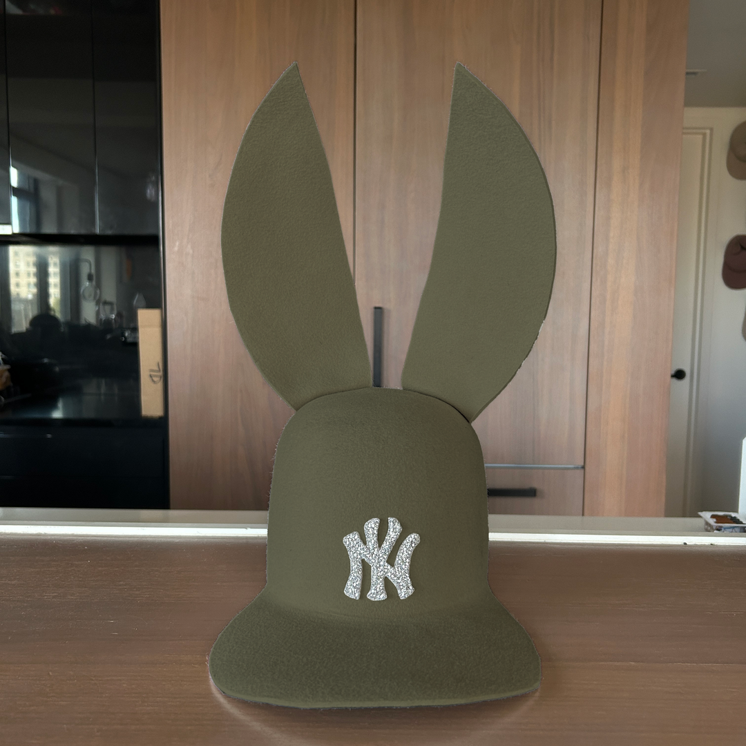 Khia Tullae The 212 Embellished Bunny Lid hat in military felt with NY patch embellished with rhinestones, front view