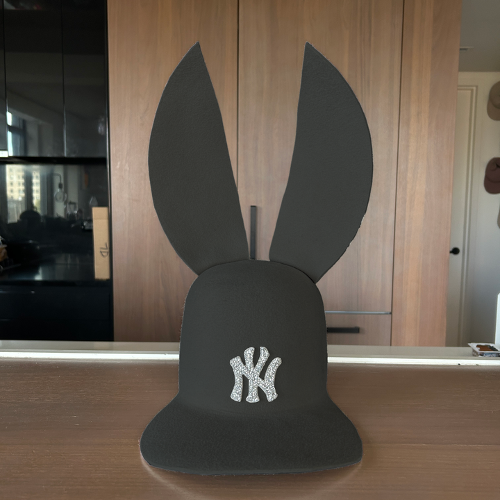 Khia Tullae The 212 Embellished Bunny Lid hat in steel felt with NY patch embellished with rhinestones, front view