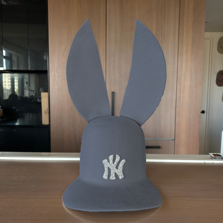 Khia Tullae The 212 Embellished Bunny Lid hat in steel grey felt with NY patch embellished with rhinestones, front view