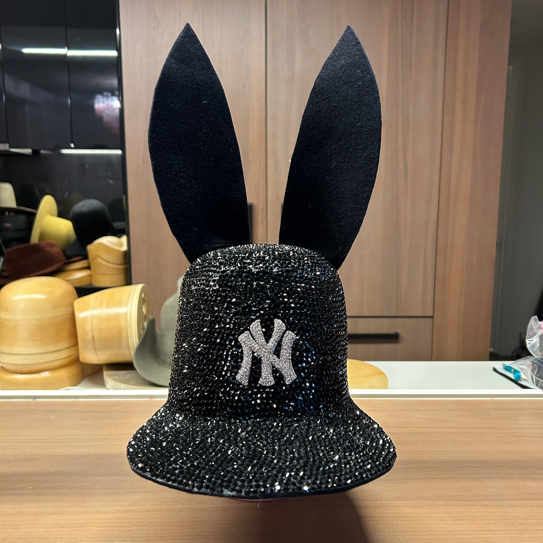 Khia Tullae The 212 Pavé Bunny Lid hat in black felt, featuring a NY patch embellished with rhinestones and allover rhinestone pavé finish, front view