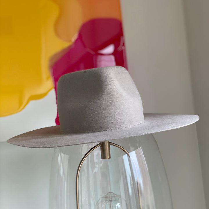 Khia Tullae The Alexa fedora in Silver Belly, 100% wool, front angled back view