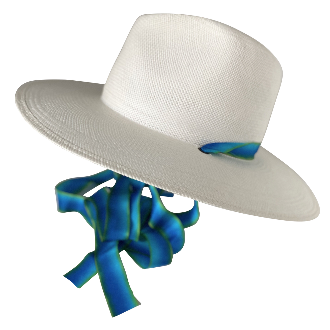 Khia Tullae The Amani white toquilla straw wide-brim hat with blue and green silk drop-down ribbon, angled product cutout with ribbon detail