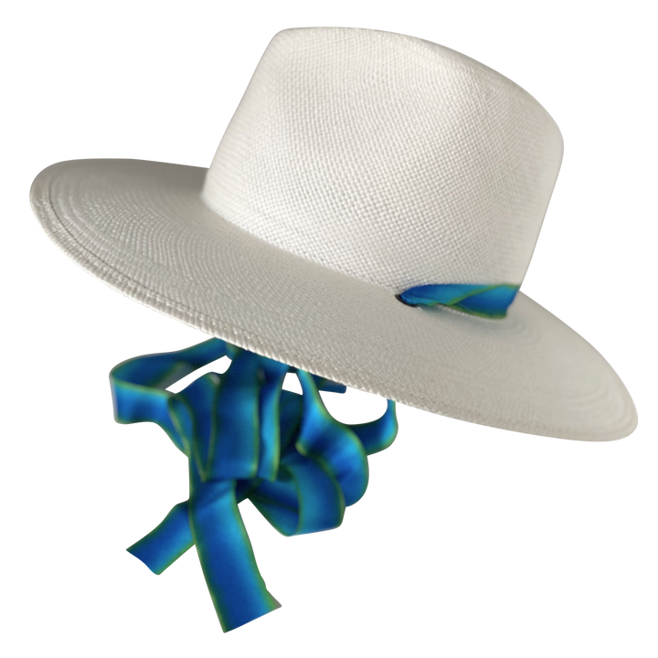 Khia Tullae The Amani white toquilla straw wide-brim hat with blue and green silk drop-down ribbon, angled product cutout with ribbon detail