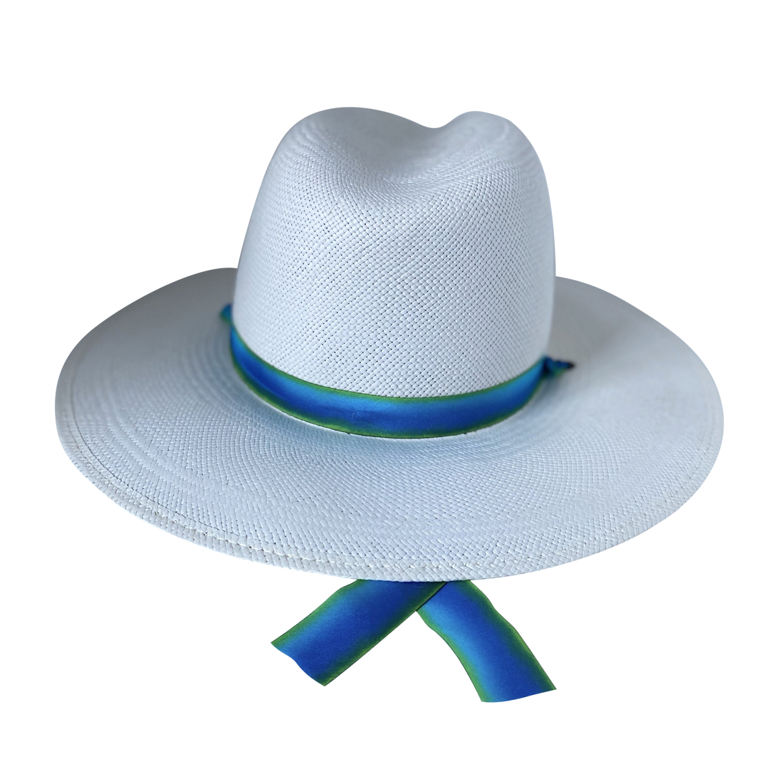 Khia Tullae The Amani white toquilla straw wide-brim hat with blue and green silk drop-down ribbon, back product cutout