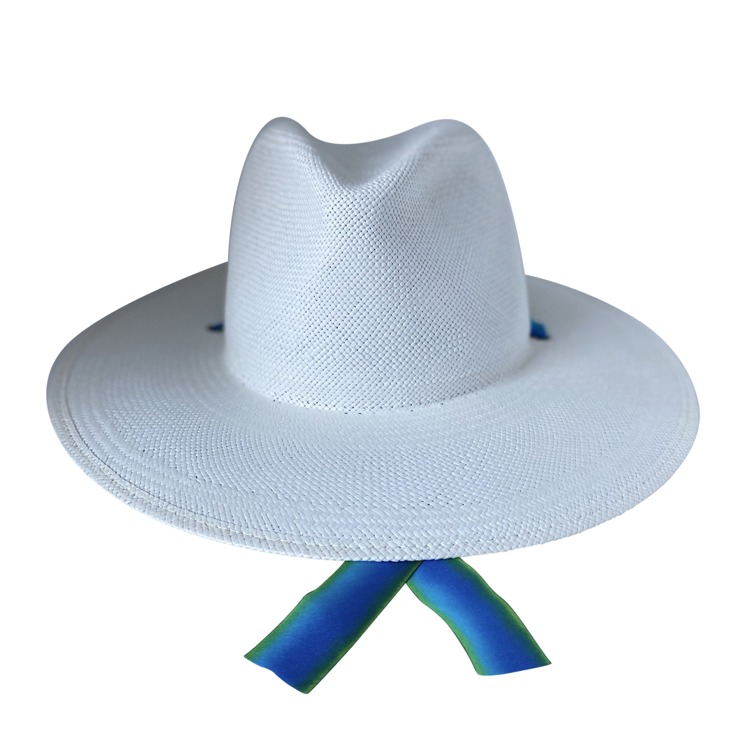 Khia Tullae The Amani white toquilla straw wide-brim hat with blue and green silk drop-down ribbon, front product cutout