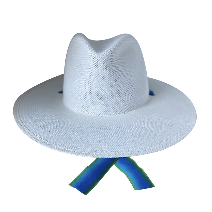 Khia Tullae The Amani white toquilla straw wide-brim hat with blue and green silk drop-down ribbon, front product cutout