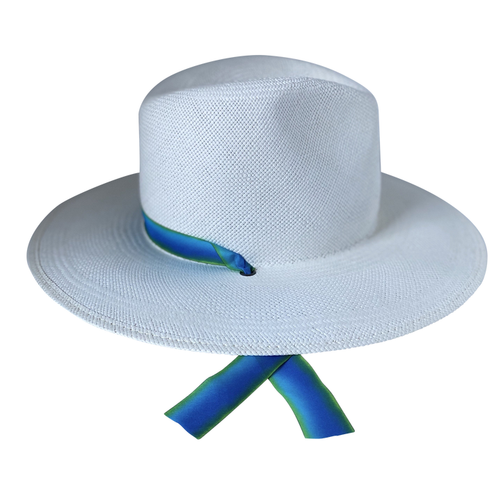 Khia Tullae The Amani white toquilla straw wide-brim hat with blue and green silk drop-down ribbon, left-side product cutout