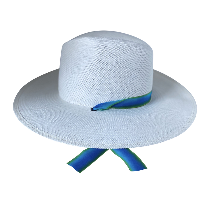 Khia Tullae The Amani white toquilla straw wide-brim hat with blue and green silk drop-down ribbon, right-side product cutout