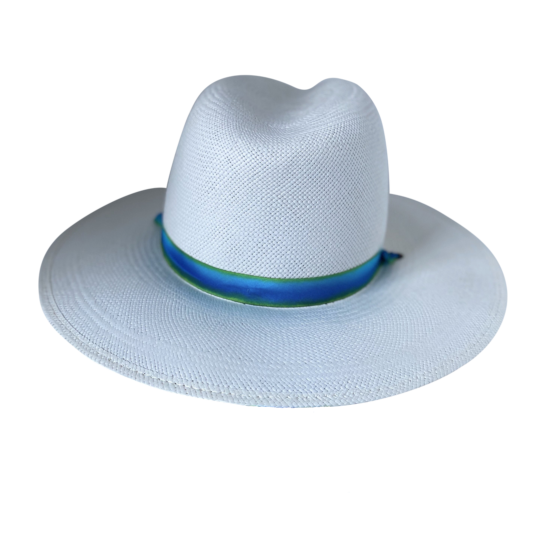Khia Tullae The Amani white toquilla straw wide-brim hat with a blue and green tie-dye silk ribbon half band, back product cutout