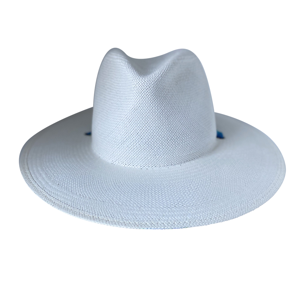 Khia Tullae The Amani white toquilla straw wide-brim hat with a blue and green tie-dye silk ribbon half band, front product cutout